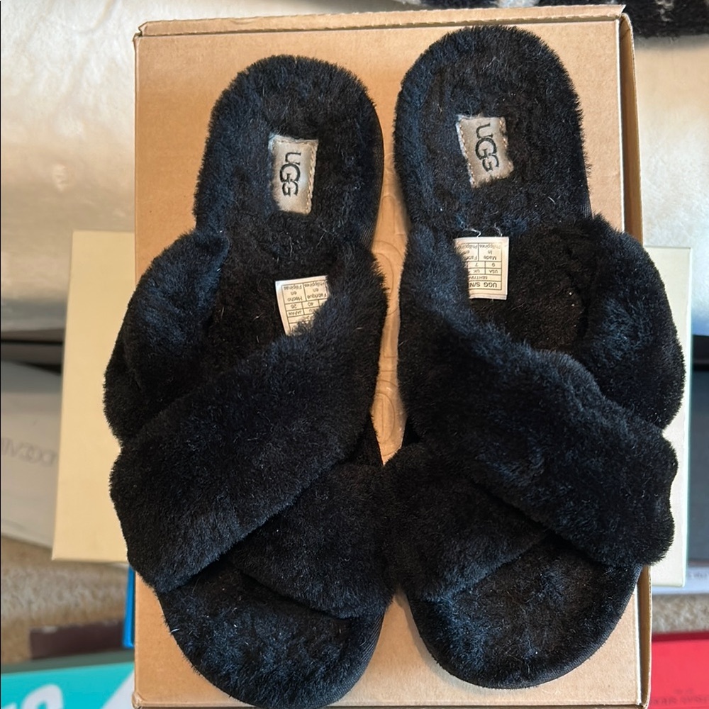 UGG Black Plush Slippers Cozy Indoor Comfort